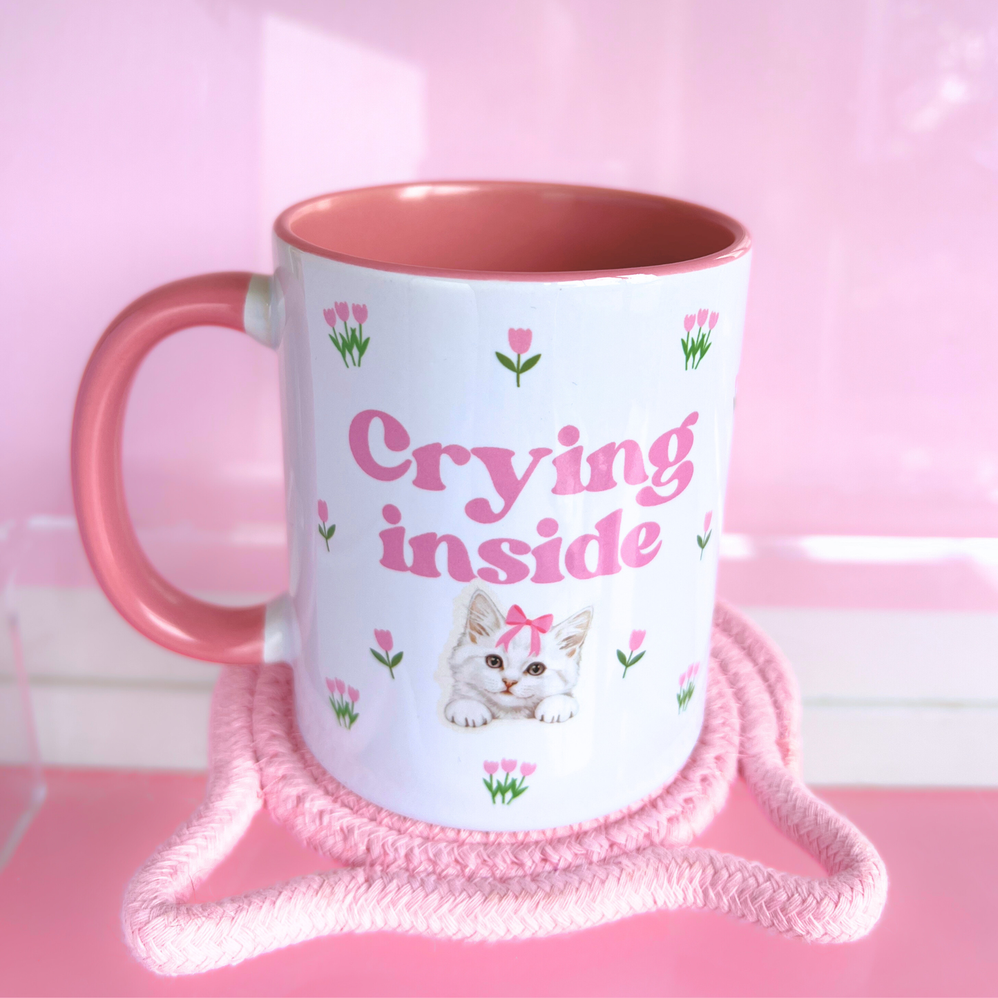 Ceramic Cat Mug - Crying Inside - Pink