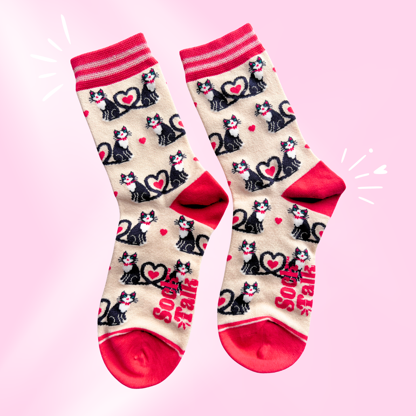Women's Bamboo Socks - Pink + Cream Cat Hearts