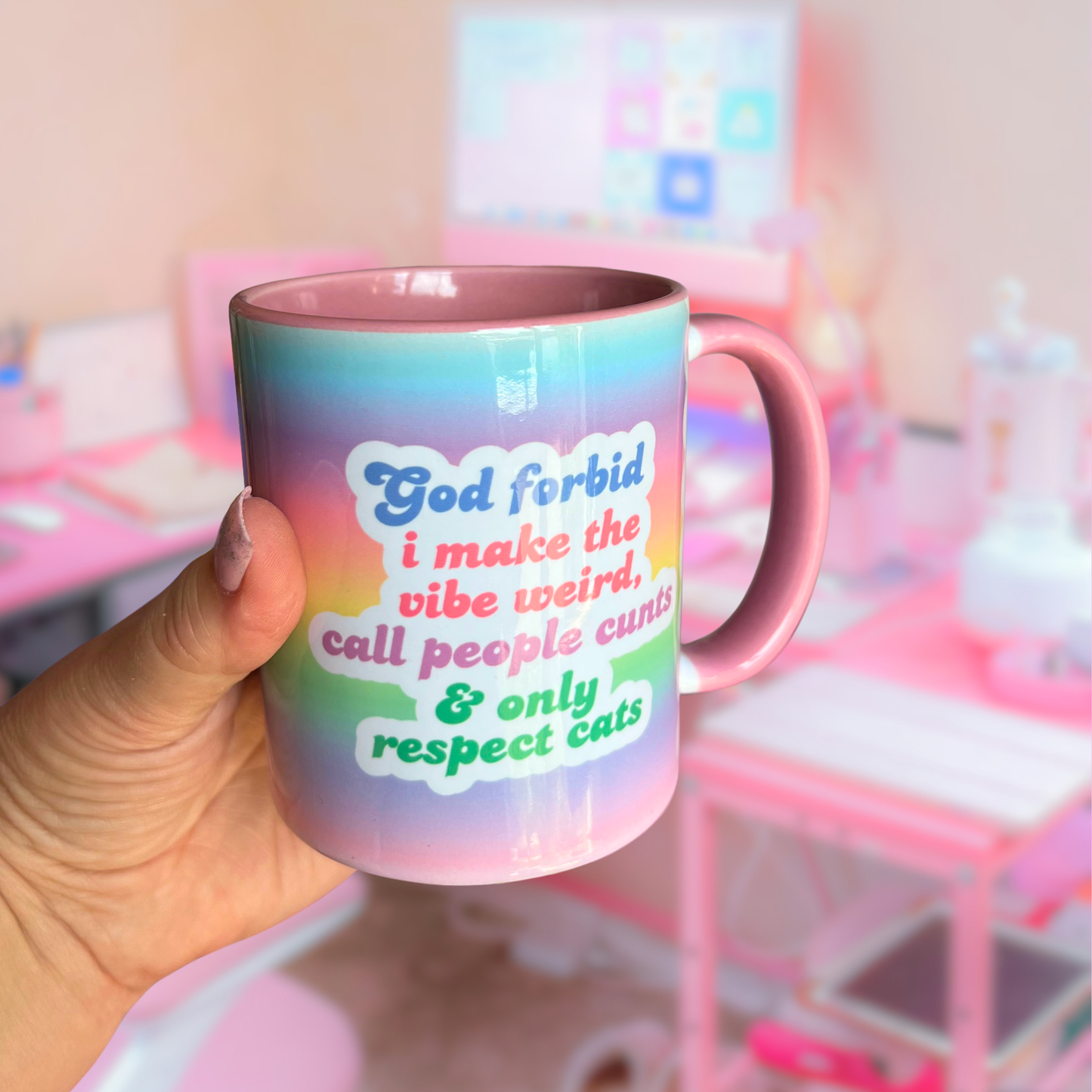 Ceramic Cat Mug - God forbid I make the vibe weird, call people c**** & only respect cats