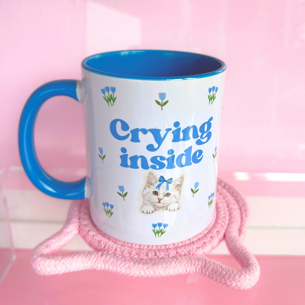 Ceramic Cat Mug - Crying Inside - Blue