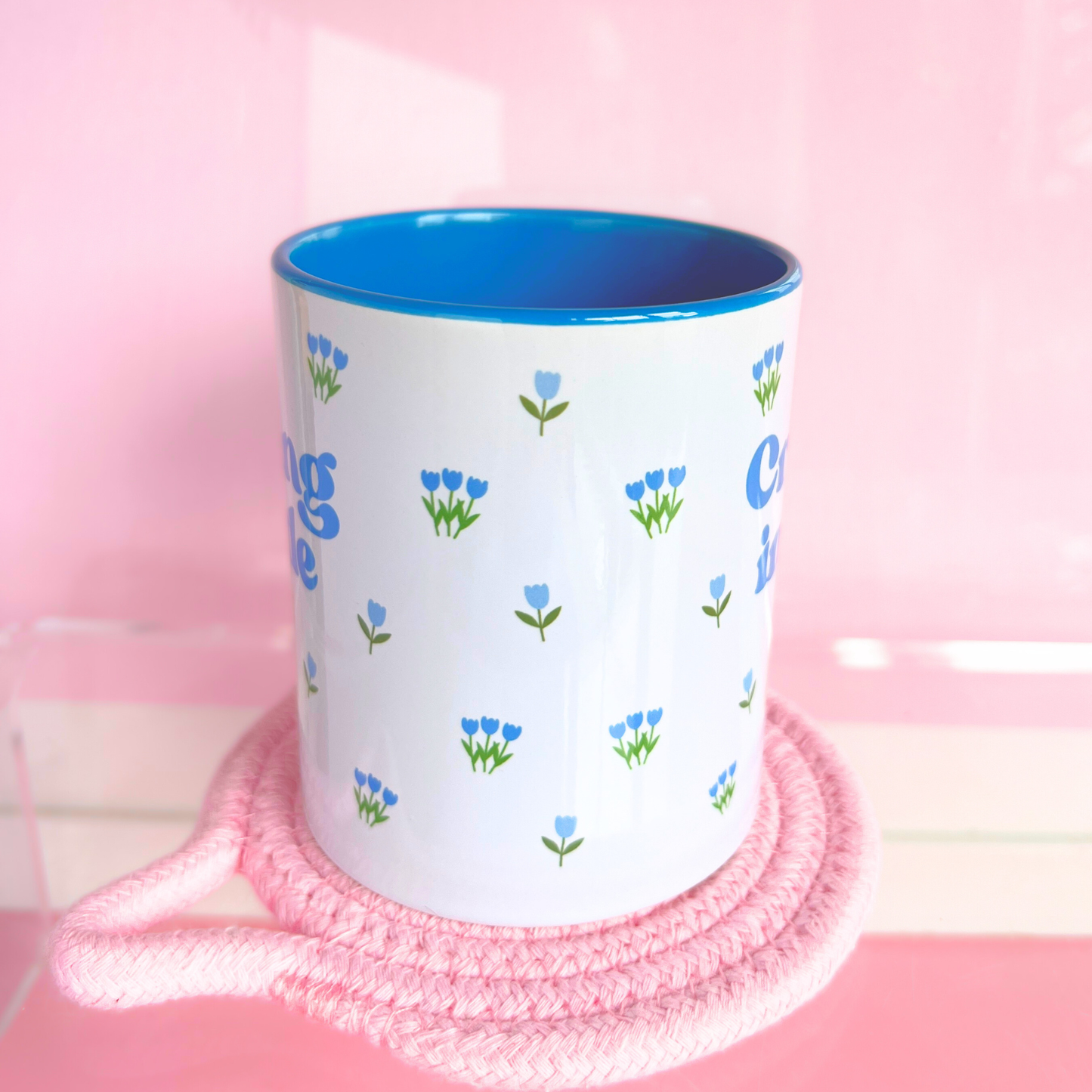 Ceramic Cat Mug - Crying Inside - Blue
