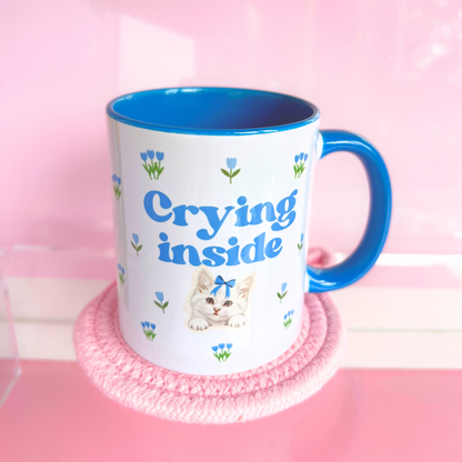 Ceramic Cat Mug - Crying Inside - Blue