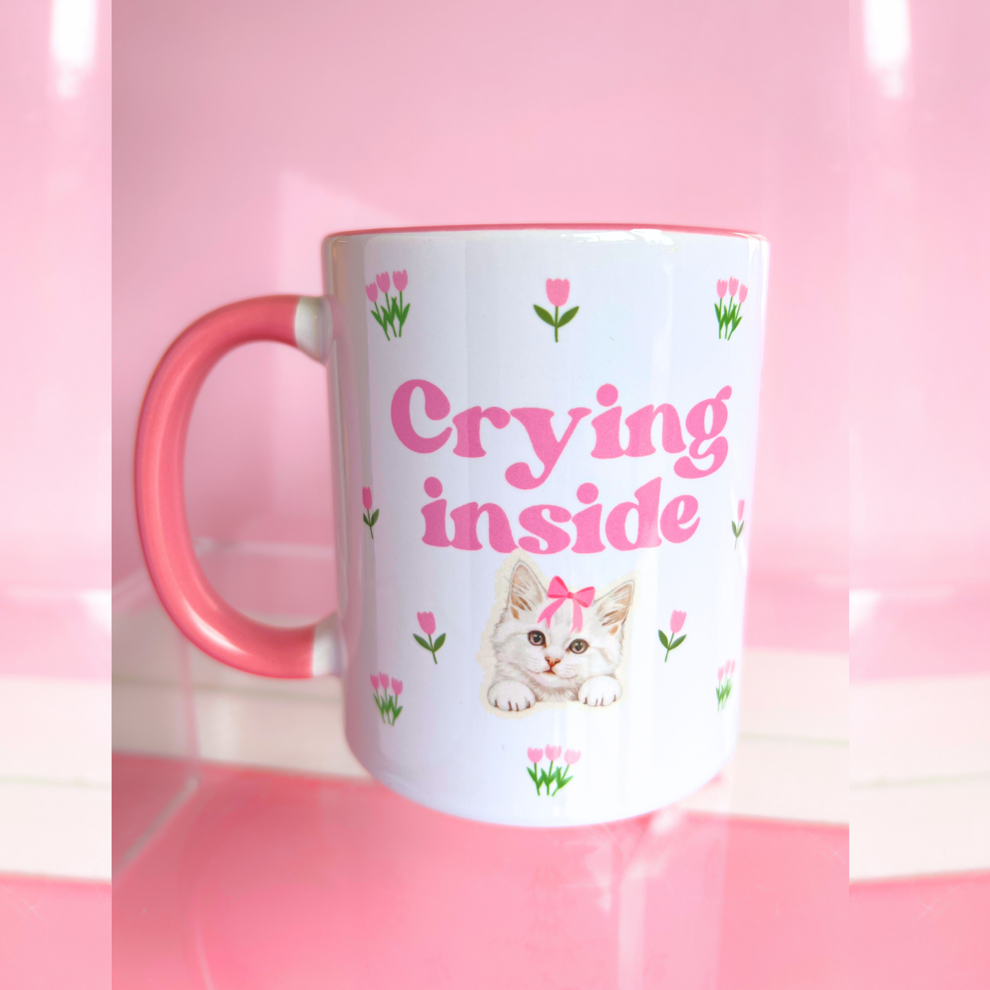 Ceramic Cat Mug - Crying Inside - Pink