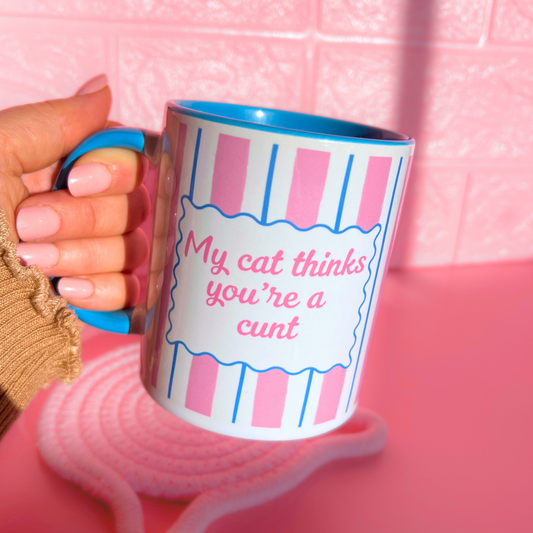 Ceramic Cat Mug - My Cat Thinks You're a C*** (Blue+Pink)