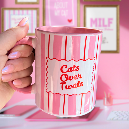 Ceramic Cat Mug - Cats Over Twats (Pink+Red)