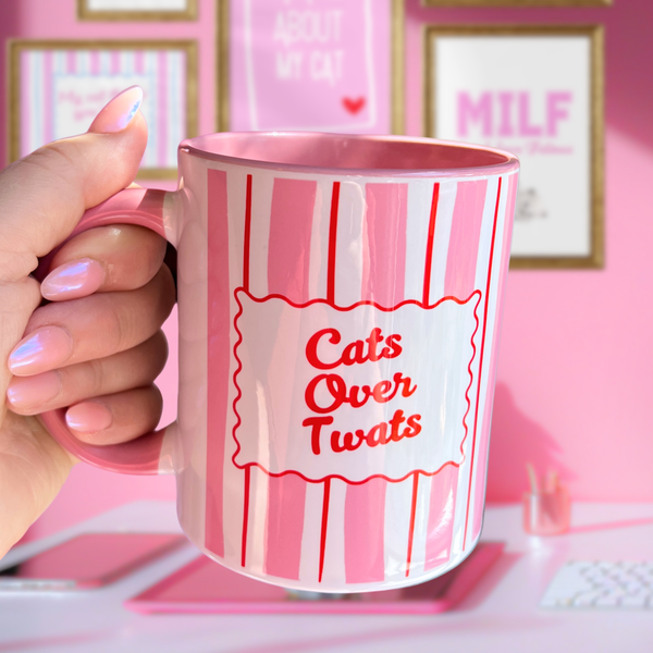 Ceramic Cat Mug - Cats Over Twats (Pink+Red)