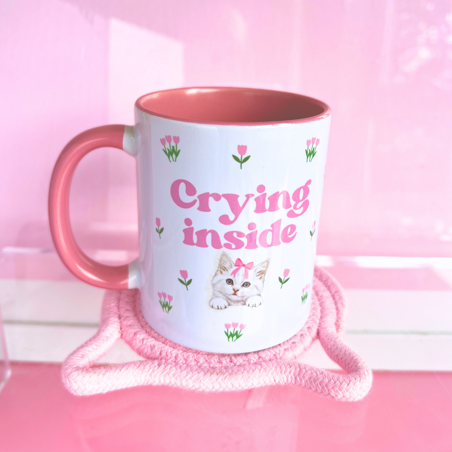 Ceramic Cat Mug - Crying Inside - Pink