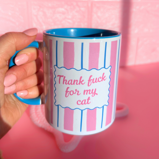 Ceramic Cat Mug - Thank F*** For My Cat (Blue+Pink)