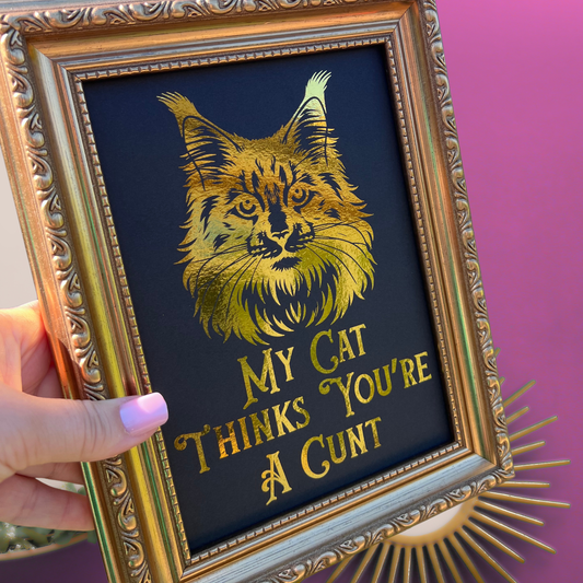 Premium Gold Foil Print - My Cat Thinks You're a C*** - Maine Coon