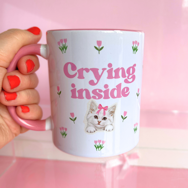 Ceramic Cat Mug - Crying Inside - Pink