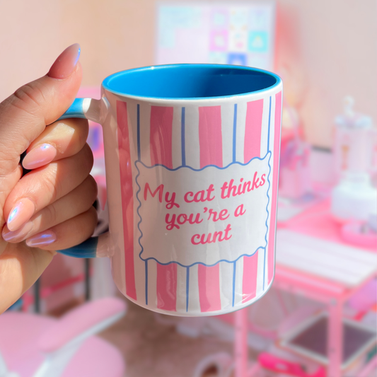 Ceramic Cat Mug - My Cat Thinks You're a C*** (Blue+Pink)
