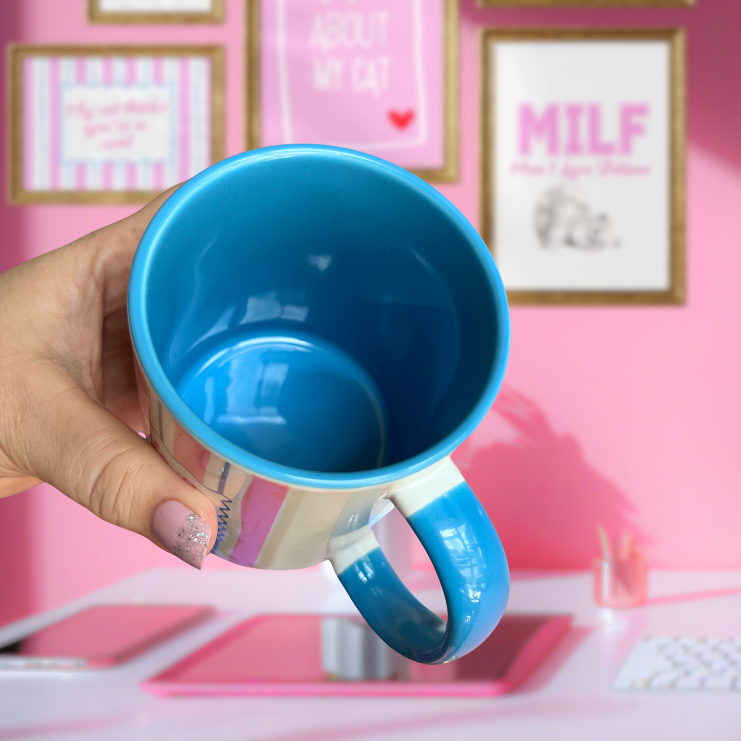Ceramic Cat Mug - I like cats & the word c*** (Blue+Pink)