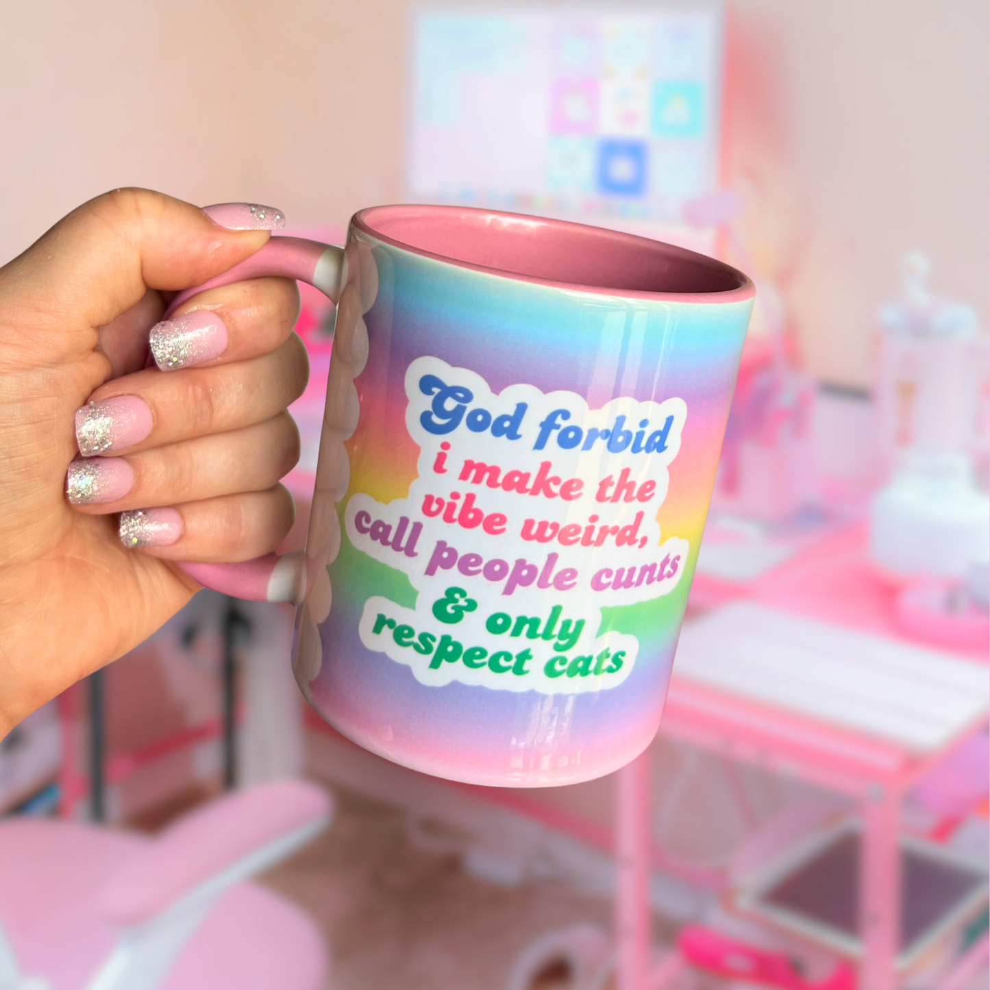 Ceramic Cat Mug - God forbid I make the vibe weird, call people c**** & only respect cats