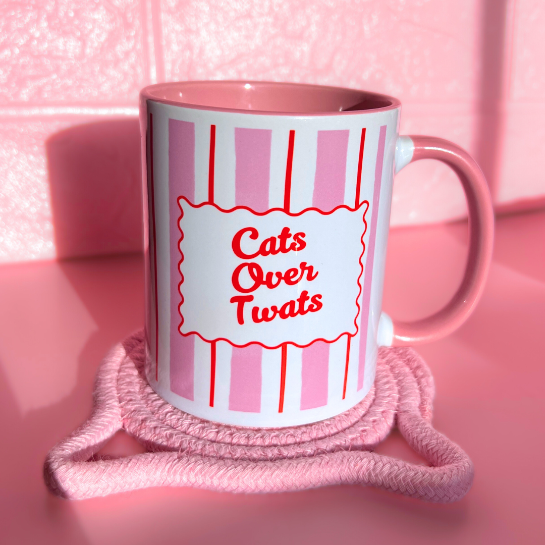 Ceramic Cat Mug - Cats Over Twats (Pink+Red)
