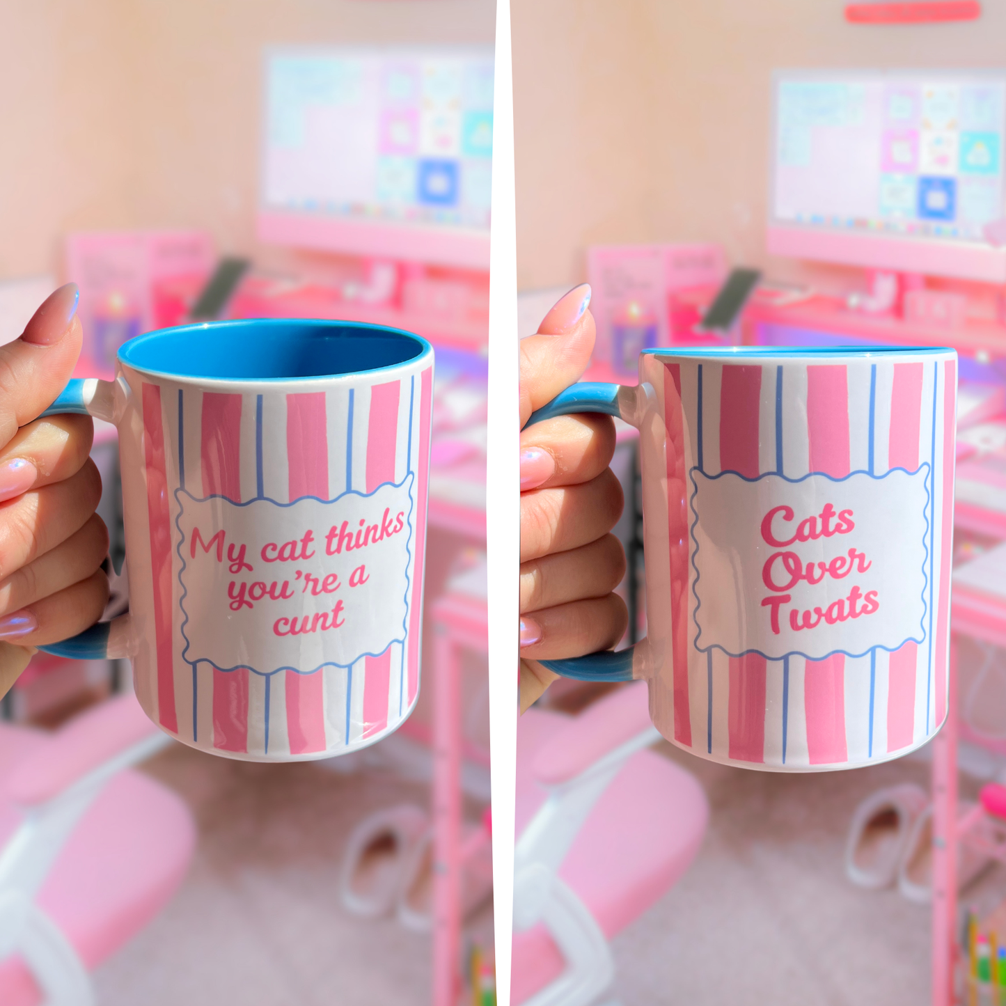 2 Mug Bundle - My cat thinks you're a C*** + Cats over twats (blue+pink)